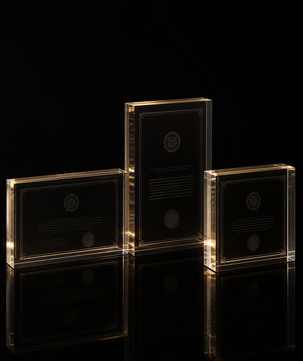Three transparent acrylic awards on dark reflective glass